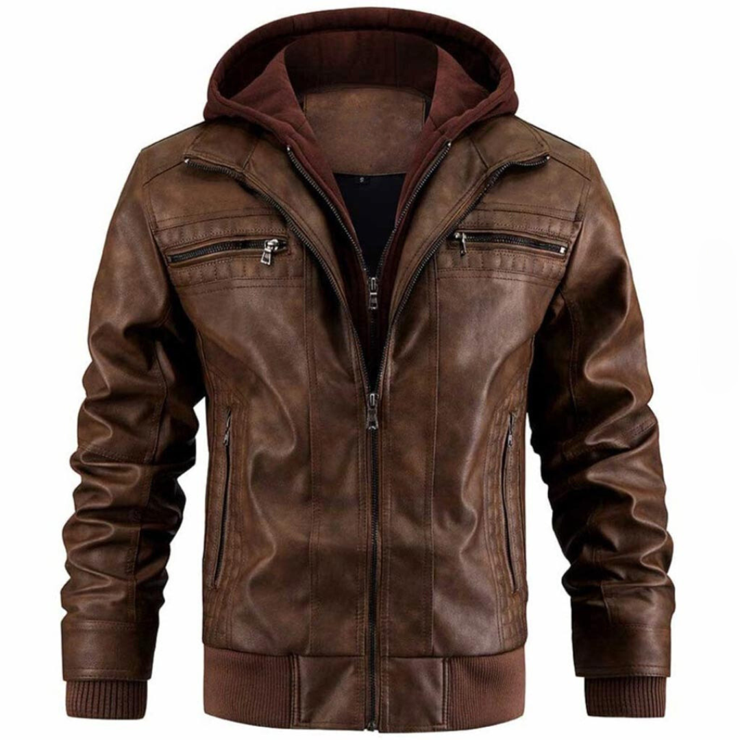 Brown leather jacket with a hood on a white background