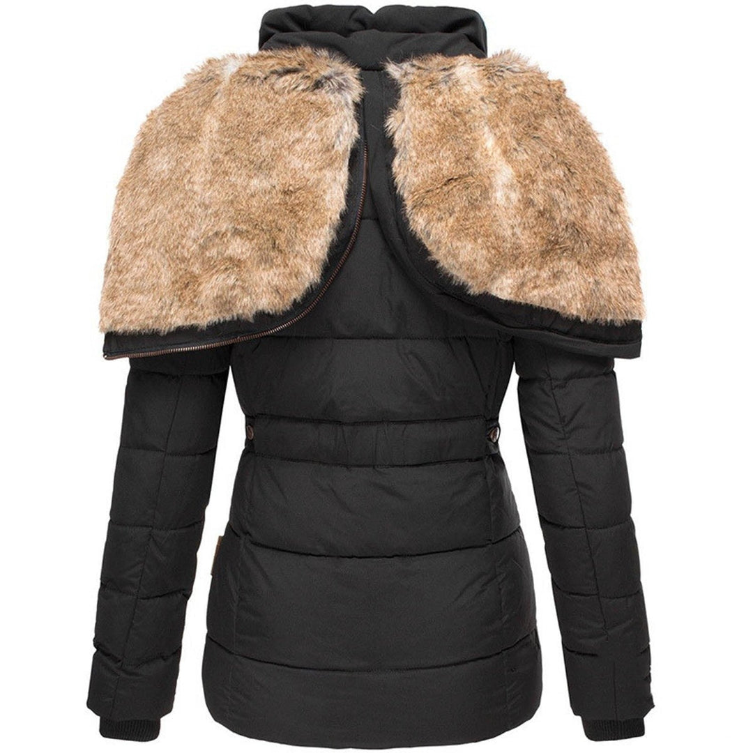 Black puffer jacket with fur shoulders on a white background