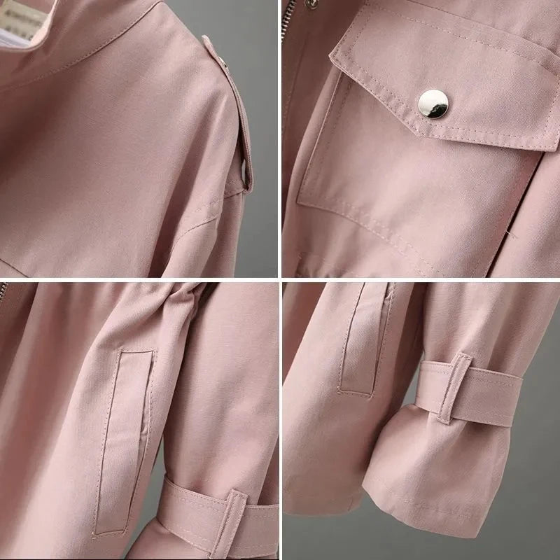 Collage of a pink jacket with various details on a gray background