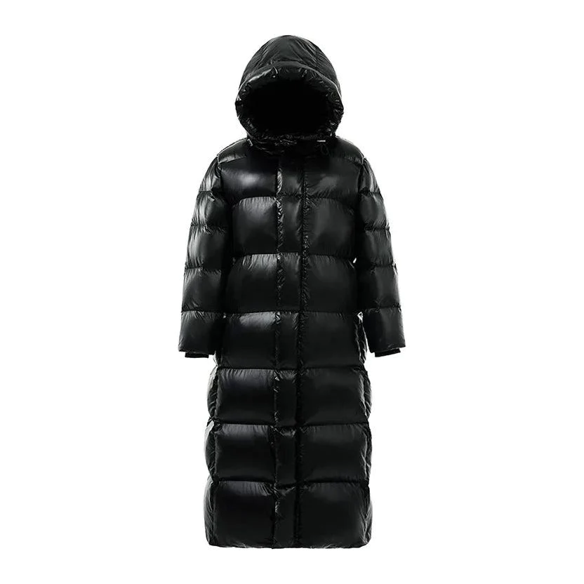 Black puffer coat with a hood on a white background