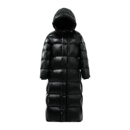 Black puffer coat with a hood on a white background