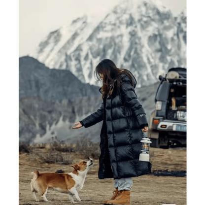 Person in a long black puffer coat with a dog in a mountainous area