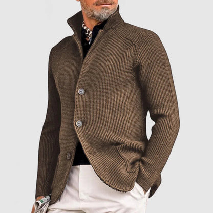 Brown textured jacket worn by a person on a light gray background