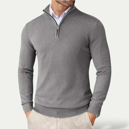 Gray quarter-zip sweater worn by a person on a light gray background