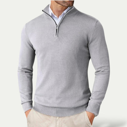 Gray quarter-zip sweater worn by a person on a light gray background