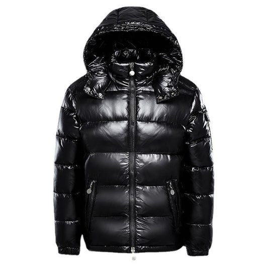 Black puffer jacket with glossy finish on a white background