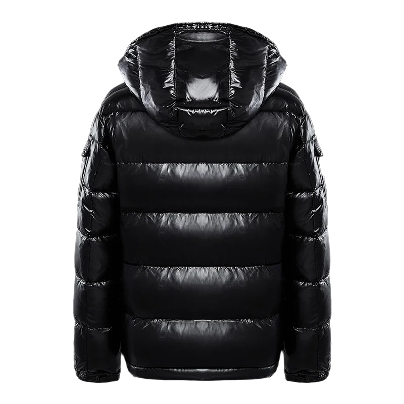 Black puffer jacket with a hood on a white background