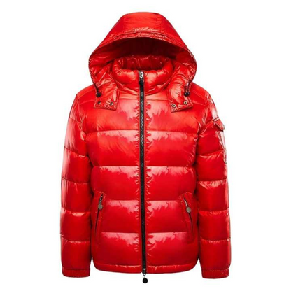 Red puffer jacket with a hood on a white background