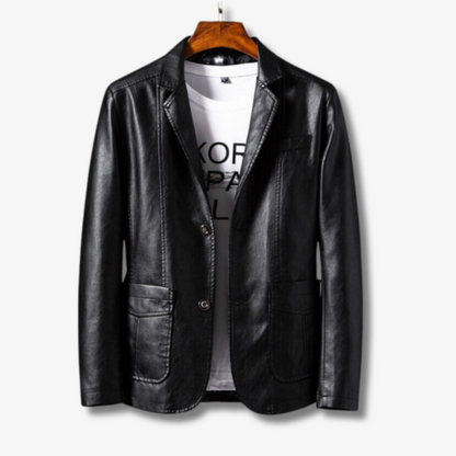 Black leather jacket on a hanger with a white background