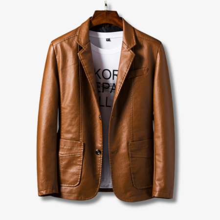 Brown leather jacket on a hanger with a white background
