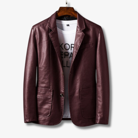 Brown leather jacket on a hanger with a white background