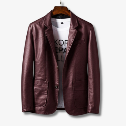 Brown leather jacket on a hanger with a white background