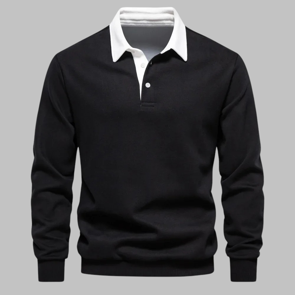 Black sweater with white collar on a gray background