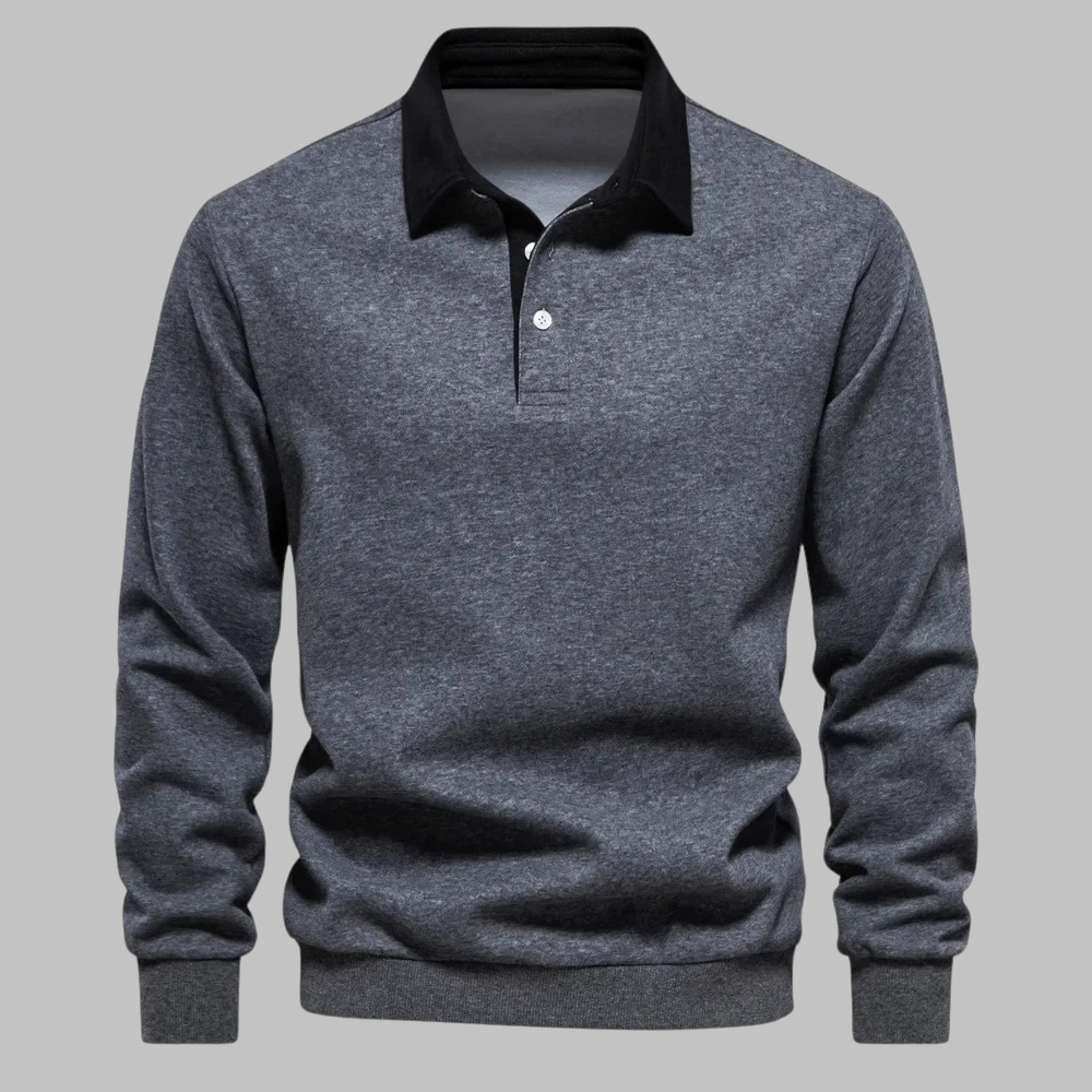 Gray sweater with black collar on a gray background