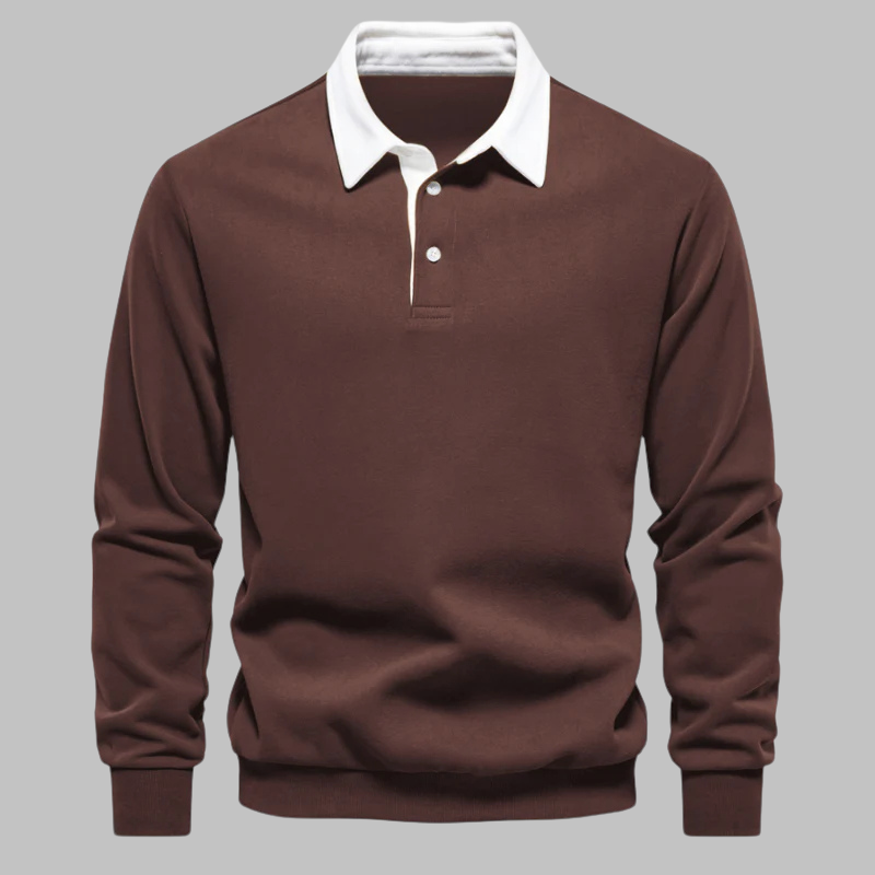 Brown long-sleeve shirt with white collar on a gray background
