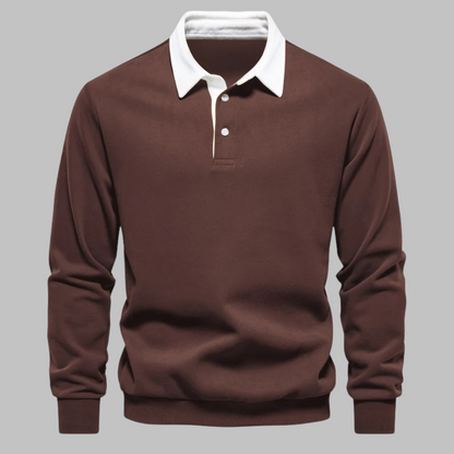 Brown long-sleeve shirt with white collar on a gray background