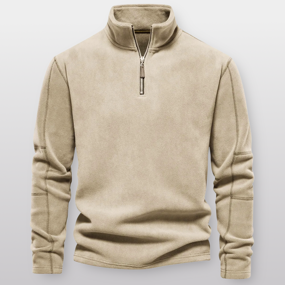Beige fleece pullover with a zipper on a light gray background