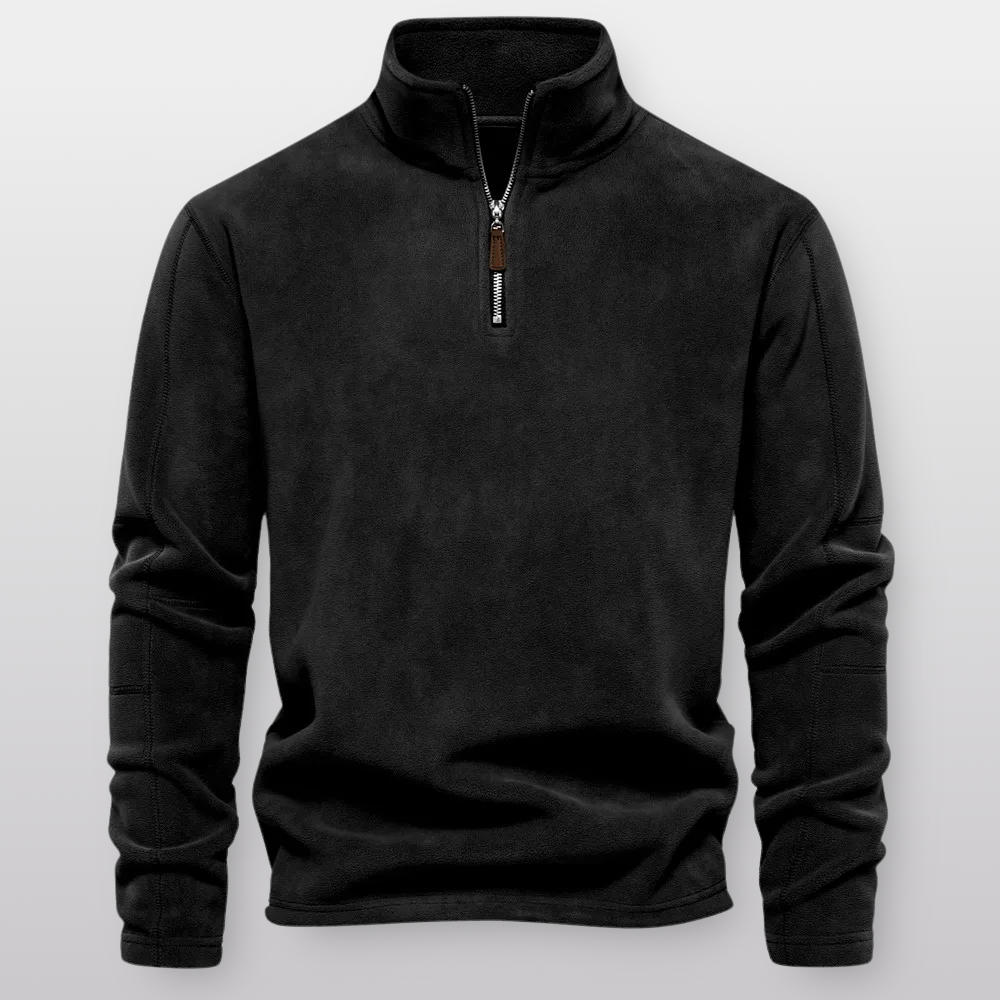 Black quarter-zip sweatshirt on a light gray background