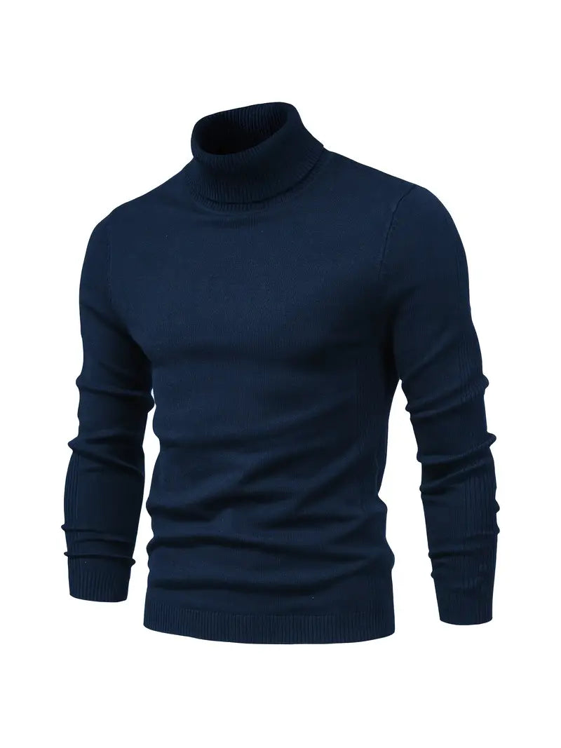 Navy blue turtleneck sweater on a white background