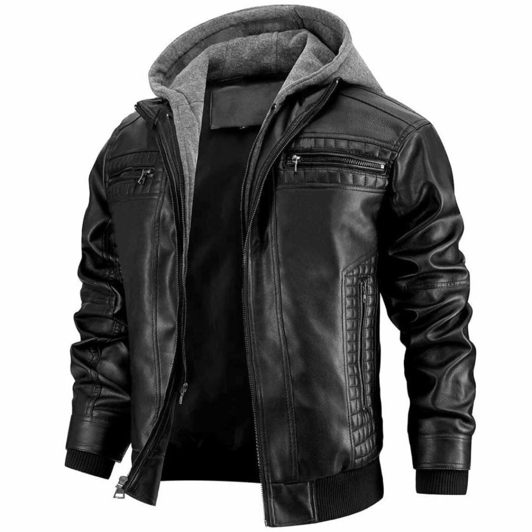 Black leather jacket with gray hood on a white background