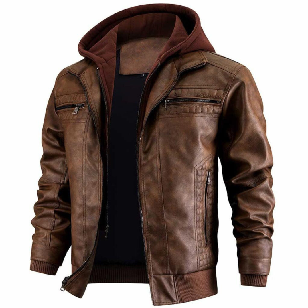 Brown leather jacket with a hood on a white background