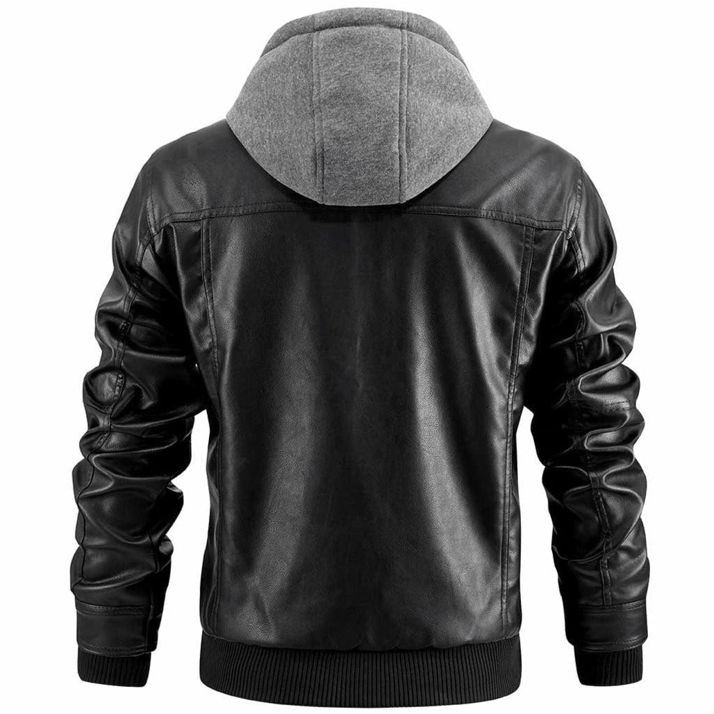 Black leather jacket with gray hood on a white background