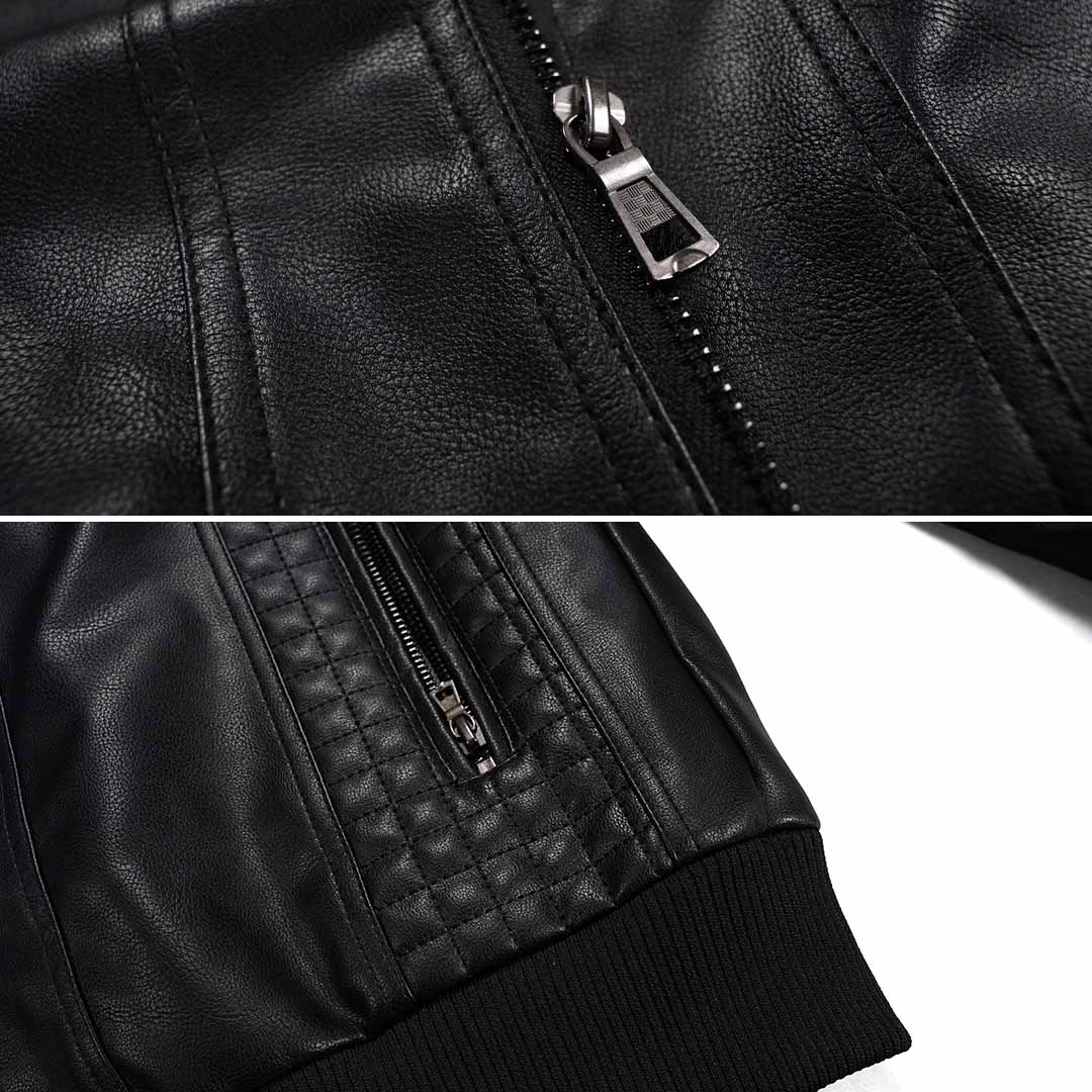 Close-up of a black leather jacket with zipper details