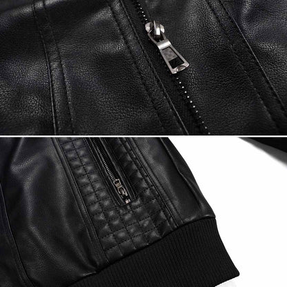 Close-up of a black leather jacket with zipper details