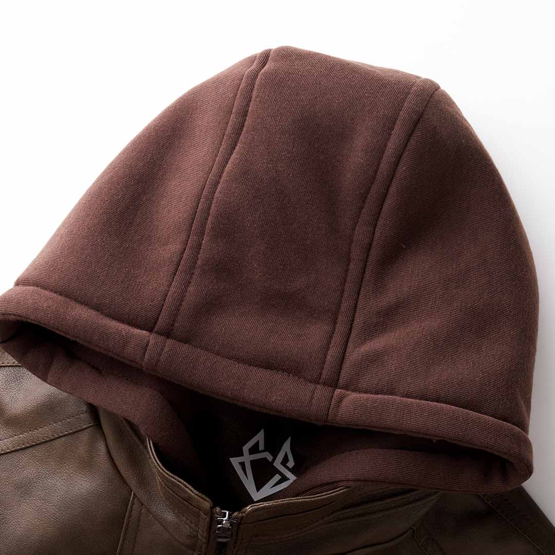 Brown hooded jacket with a brand logo on a white background