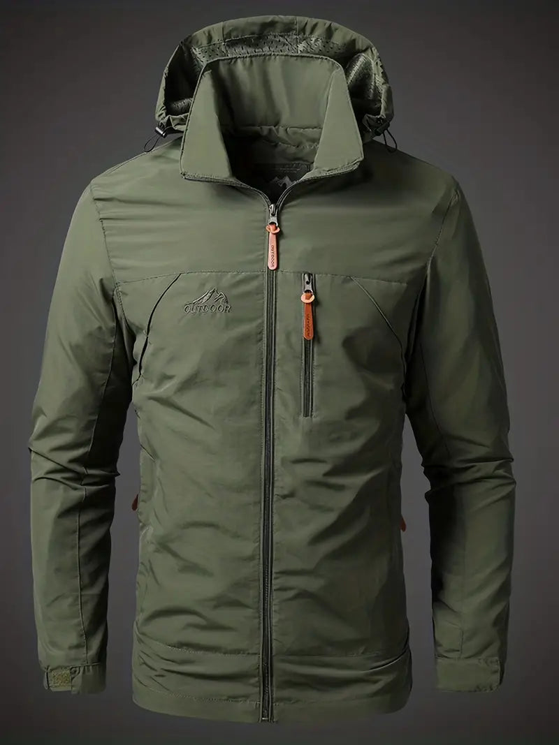 Green jacket with a hood on a gray background