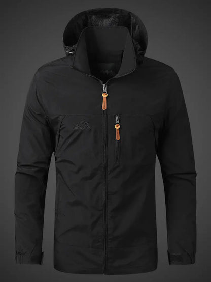 Black jacket with orange zippers on a dark background