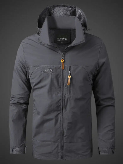 Dark gray jacket with a hood on a dark gray background
