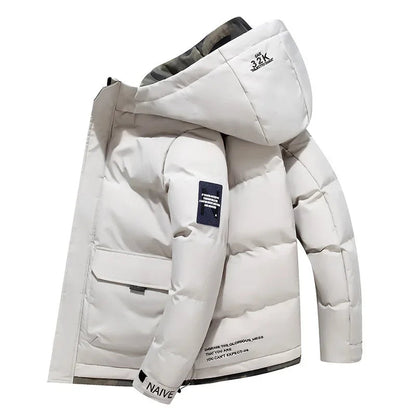 White puffer jacket with brand logo on a white background