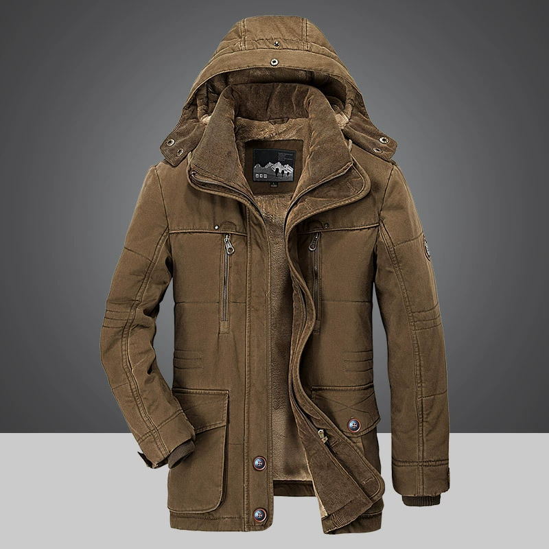 Brown winter coat with a hood on a gray background