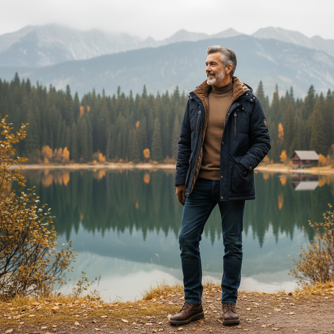 Man standing by a lake with mountains in the background