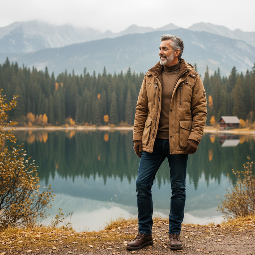 Man standing by a lake with mountains in the background
