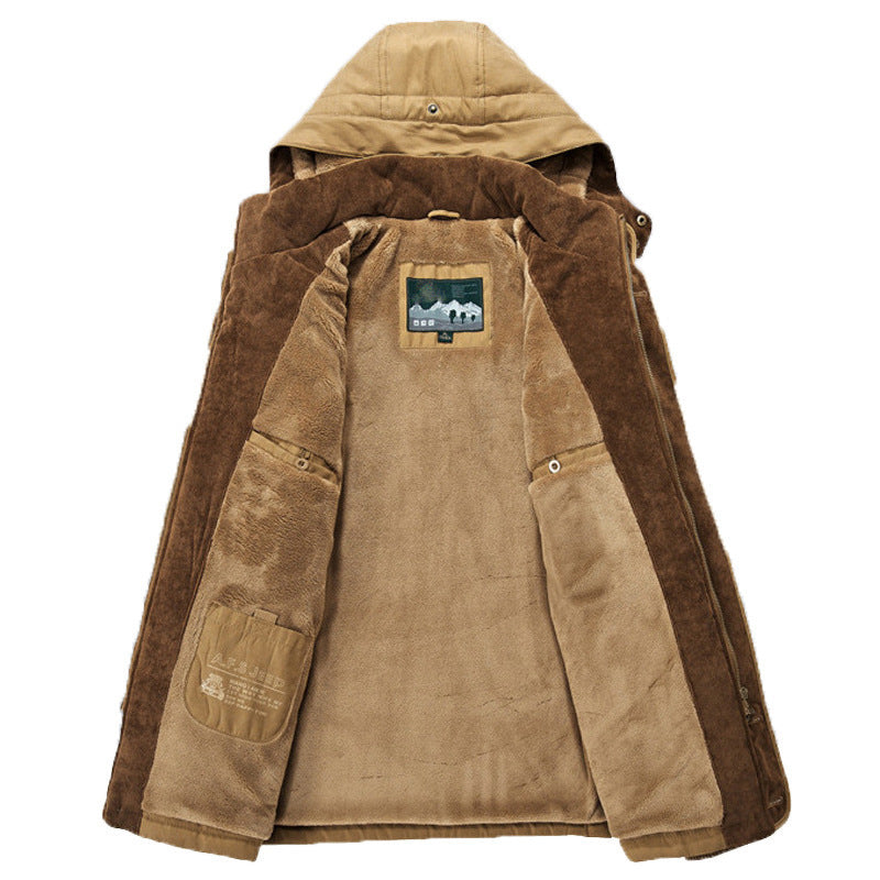 Brown hooded jacket with a patch on a white background