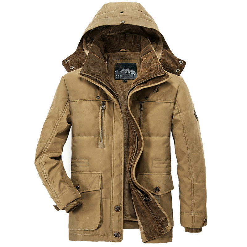 Brown winter jacket with a hood on a white background