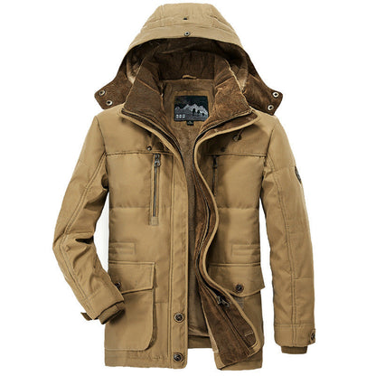 Brown winter jacket with a hood on a white background