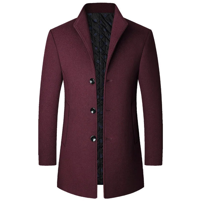 Maroon coat with black lining on a white background