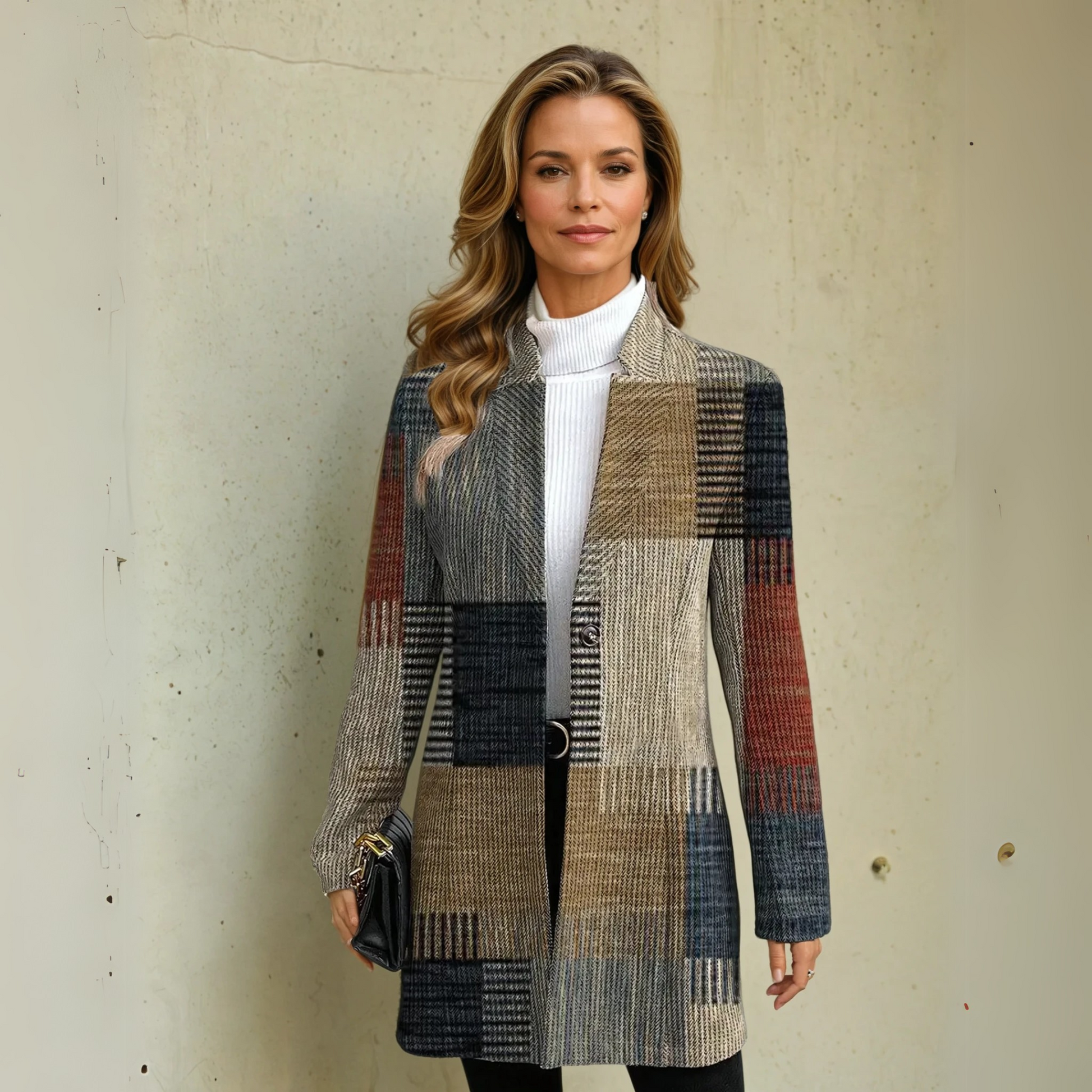 Woman wearing a patchwork blazer against a plain background