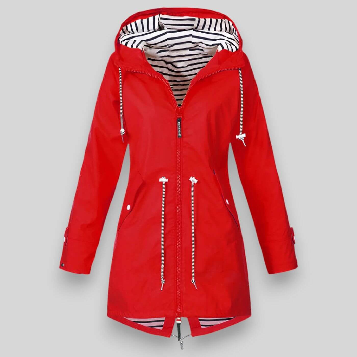 Red raincoat with a striped lining on a gray background