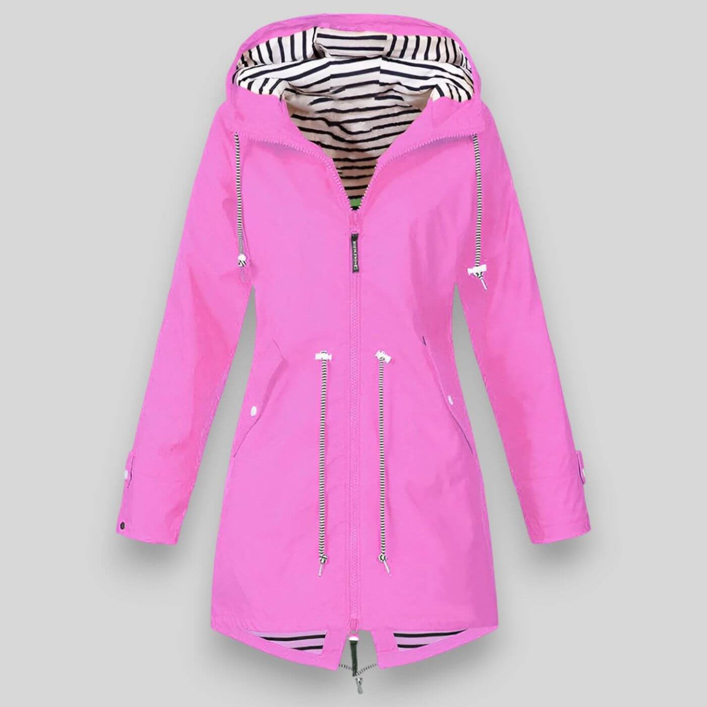 Pink raincoat with zippers on a gray background