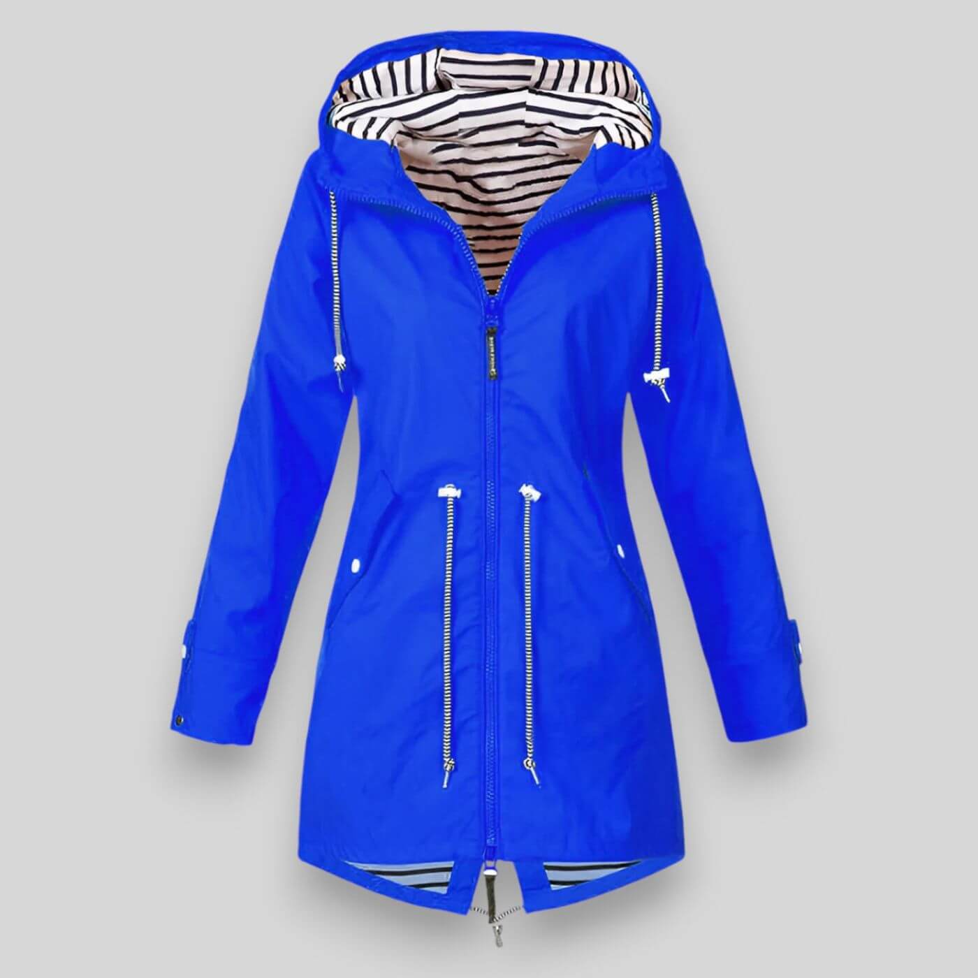 Blue raincoat with striped lining on a gray background