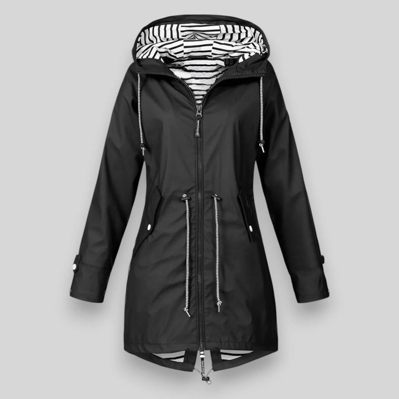 Black raincoat with zebra pattern lining on a light gray background