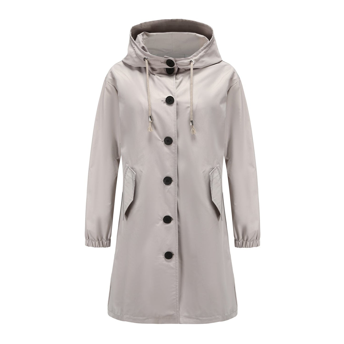 Light gray hooded coat with black buttons on a white background