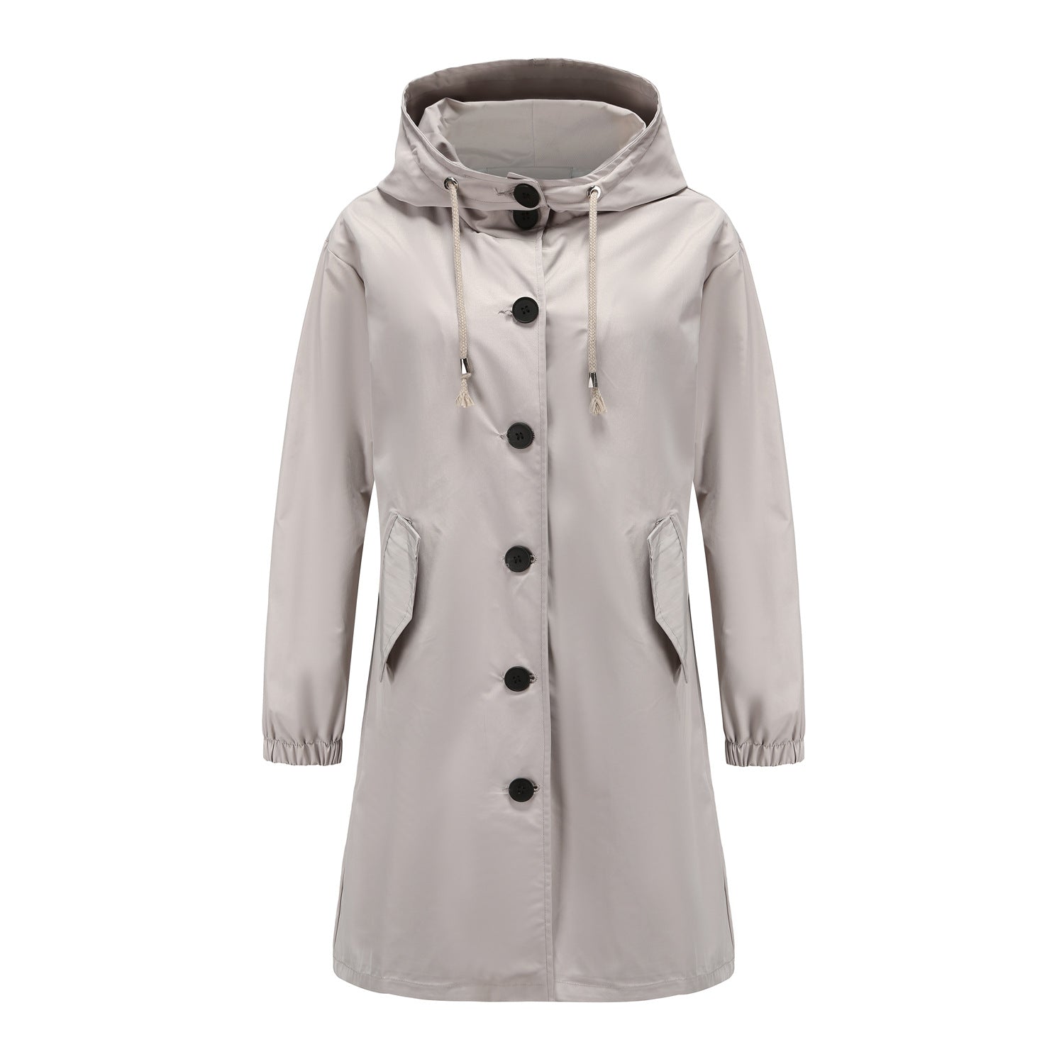 Light gray hooded coat with black buttons on a white background