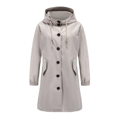 Light gray hooded coat with black buttons on a white background