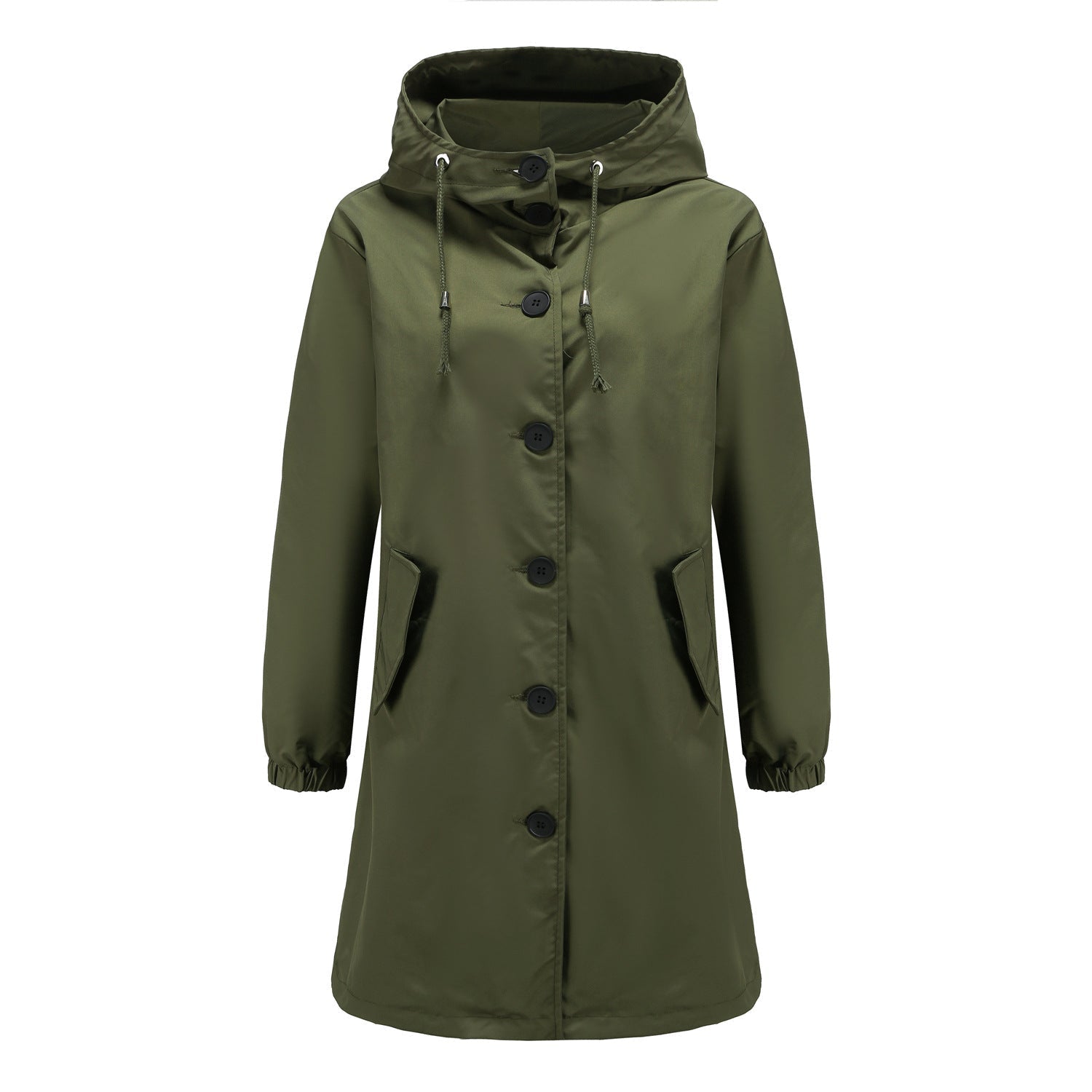 Green hooded coat with buttons on a white background
