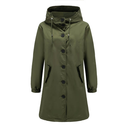 Green hooded coat with buttons on a white background
